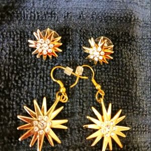 2 sets of starburst gold & rhinestone earrings